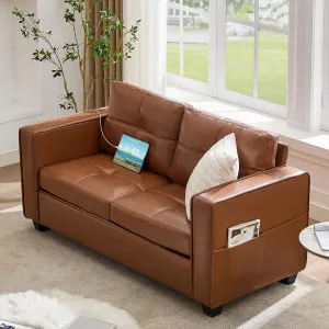 TYBOATLE 65" Brown Faux Leather Sofa Couches for Living Room, Mid-Century Modern Tufted Comfy Loveseat w/USB Charging Ports and Wide Arms, 2 Seater Office Small Couch for Small Space Bedroom