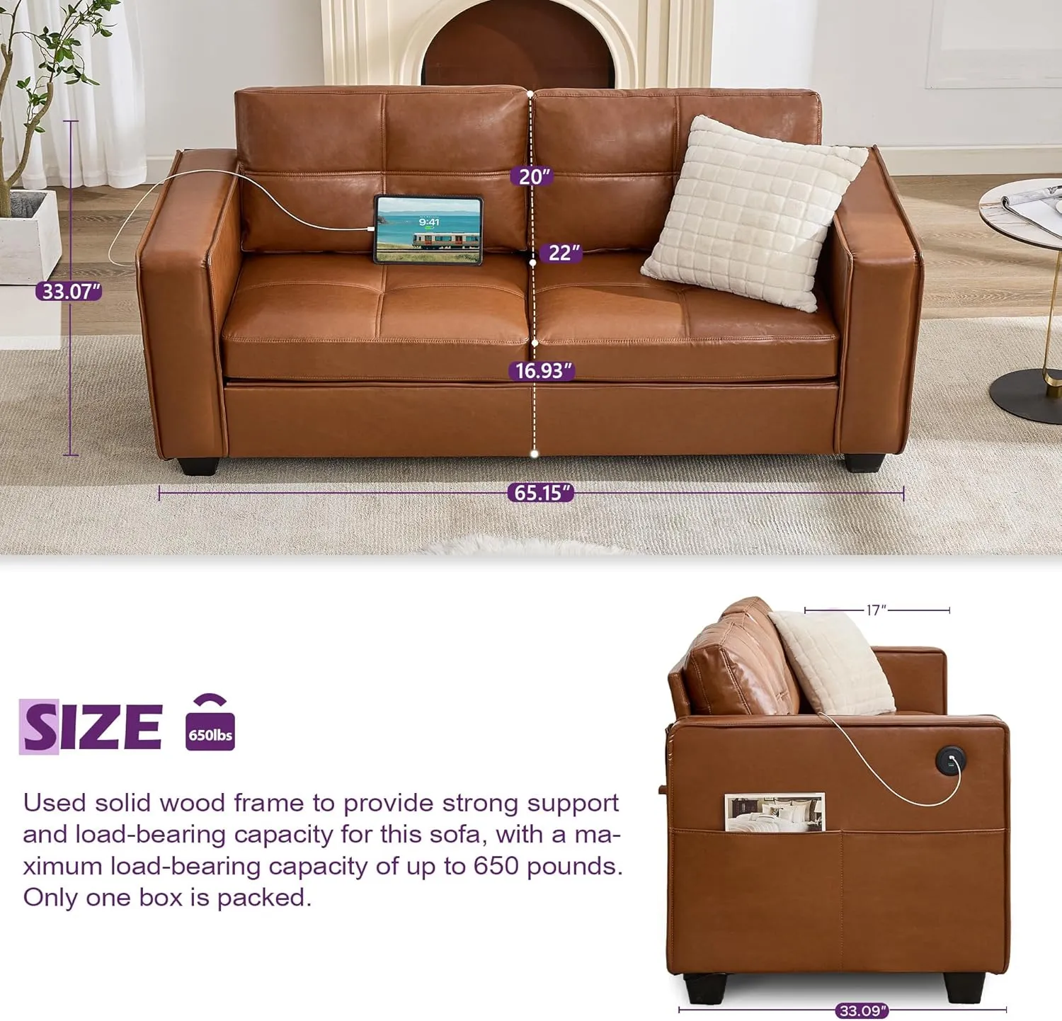 TYBOATLE 65" Brown Faux Leather Sofa Couches for Living Room, Mid-Century Modern Tufted Comfy Loveseat w/USB Charging Ports and Wide Arms, 2 Seater Office Small Couch for Small Space Bedroom