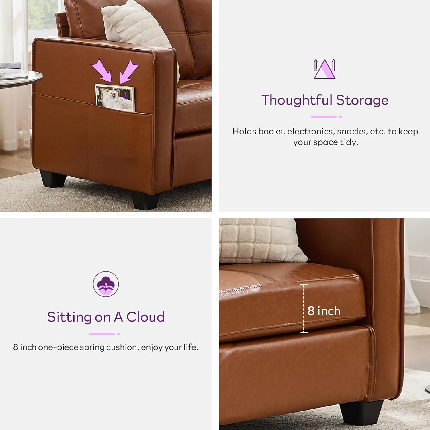 TYBOATLE 65" Brown Faux Leather Sofa Couches for Living Room, Mid-Century Modern Tufted Comfy Loveseat w/USB Charging Ports and Wide Arms, 2 Seater Office Small Couch for Small Space Bedroom