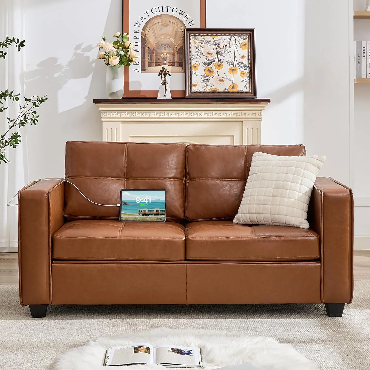 TYBOATLE 65" Brown Faux Leather Sofa Couches for Living Room, Mid-Century Modern Tufted Comfy Loveseat w/USB Charging Ports and Wide Arms, 2 Seater Office Small Couch for Small Space Bedroom