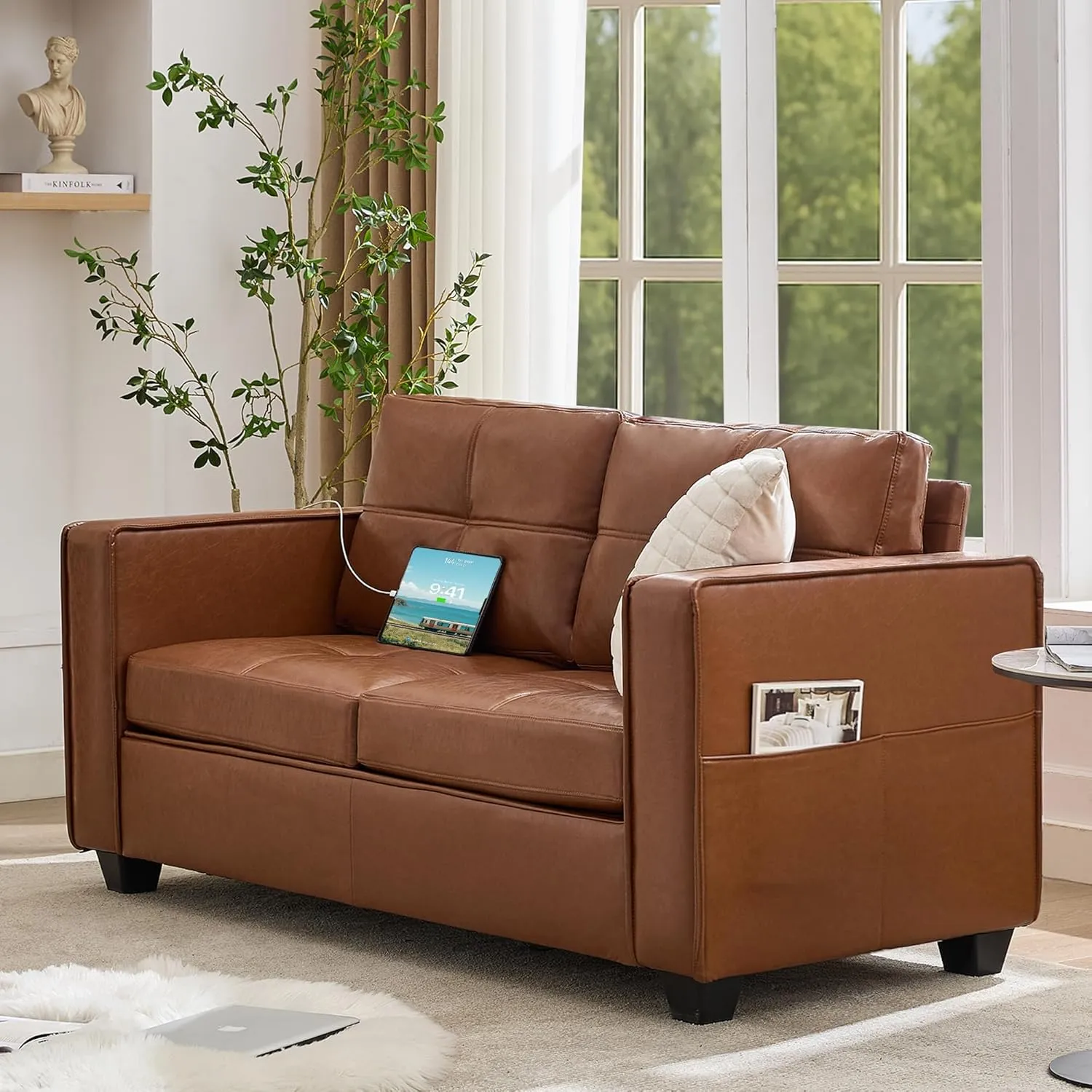 TYBOATLE 65" Brown Faux Leather Sofa Couches for Living Room, Mid-Century Modern Tufted Comfy Loveseat w/USB Charging Ports and Wide Arms, 2 Seater Office Small Couch for Small Space Bedroom