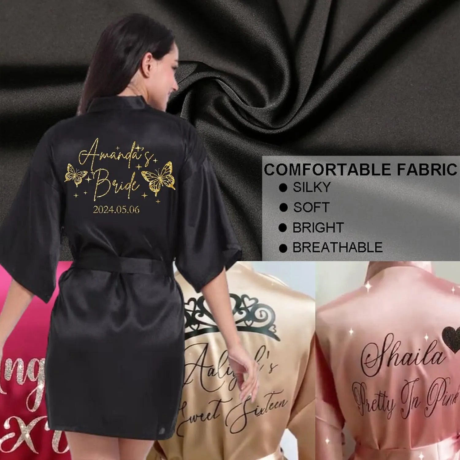 ubjva Personalized Robes for Women Custom Bridesmaid Satin Robe Monogram Party Pajamas for Quinceaneras Birthdays Wedding