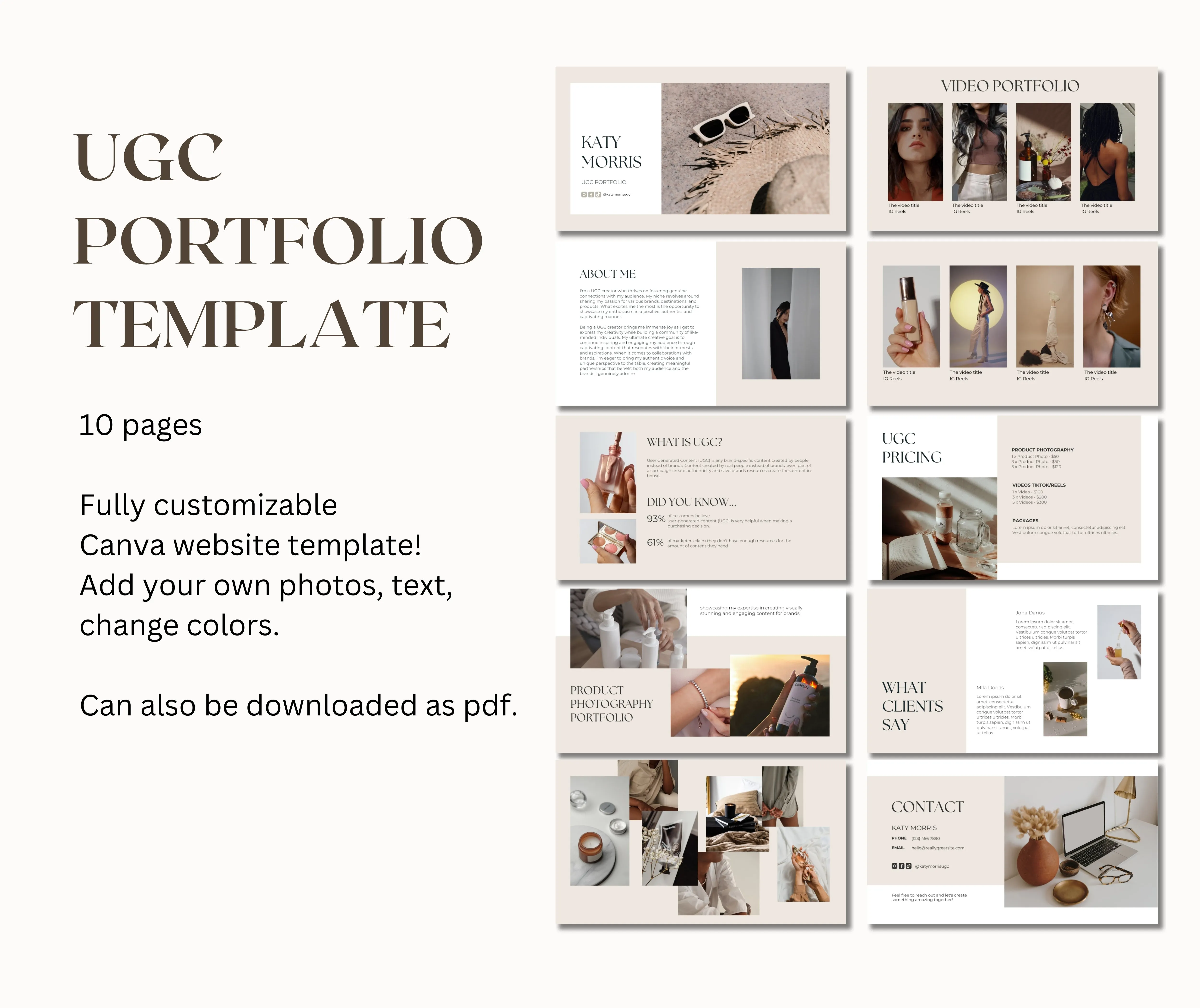 UGC Portfolio Template, UGC Media Kit Canva Website Template, UGC Online Portfolio, Ugc Rate Card, Ugc Landing Page Neutral Tones