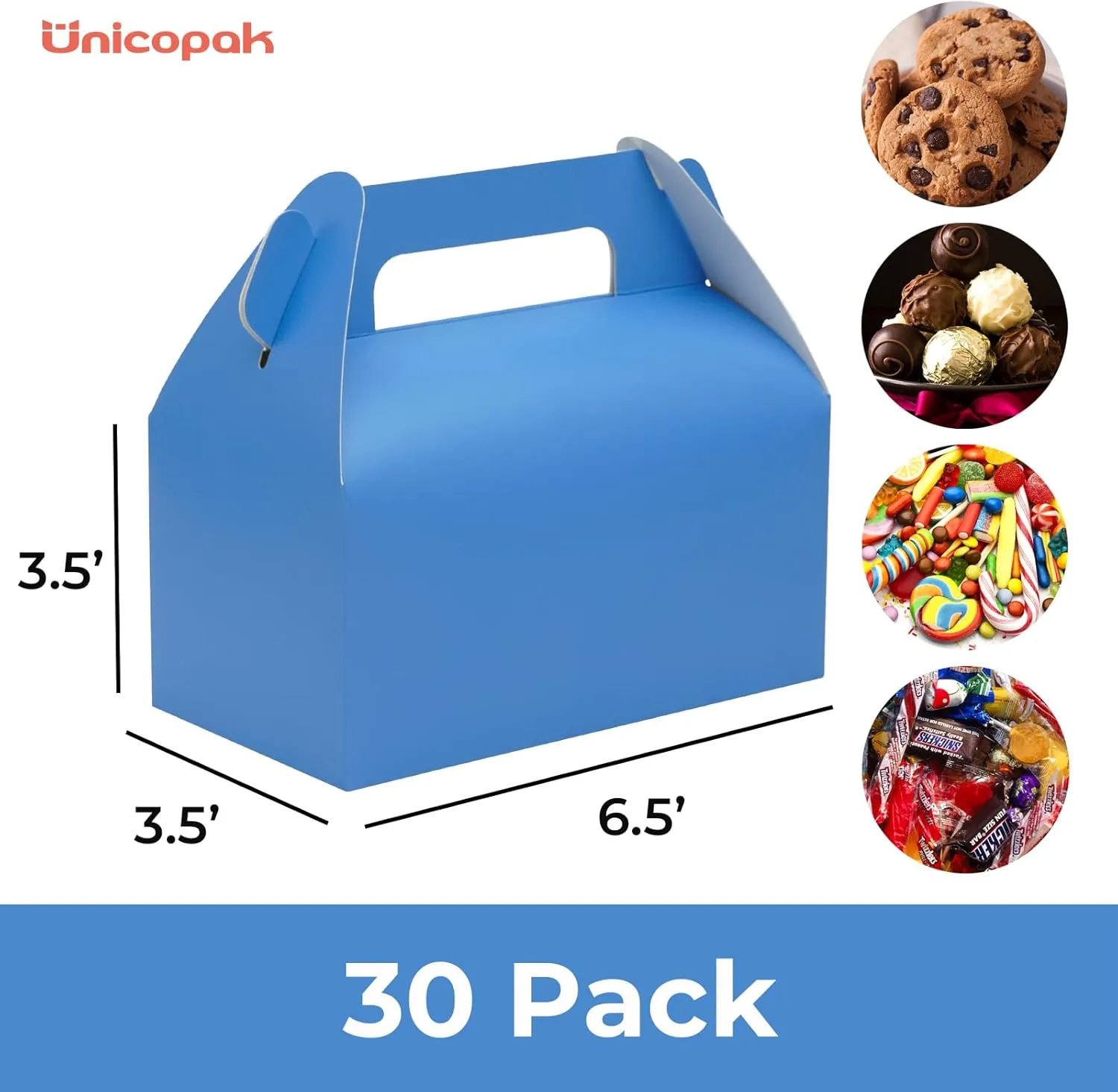 UnicoPak 30 Pack Blue Gable Treat Boxes Party Favor Goodie Bag Boxes for Candy Treats Snacks Cookie Toys for Birthday Party Special Events, 6.5x3.5x3.5 Inches