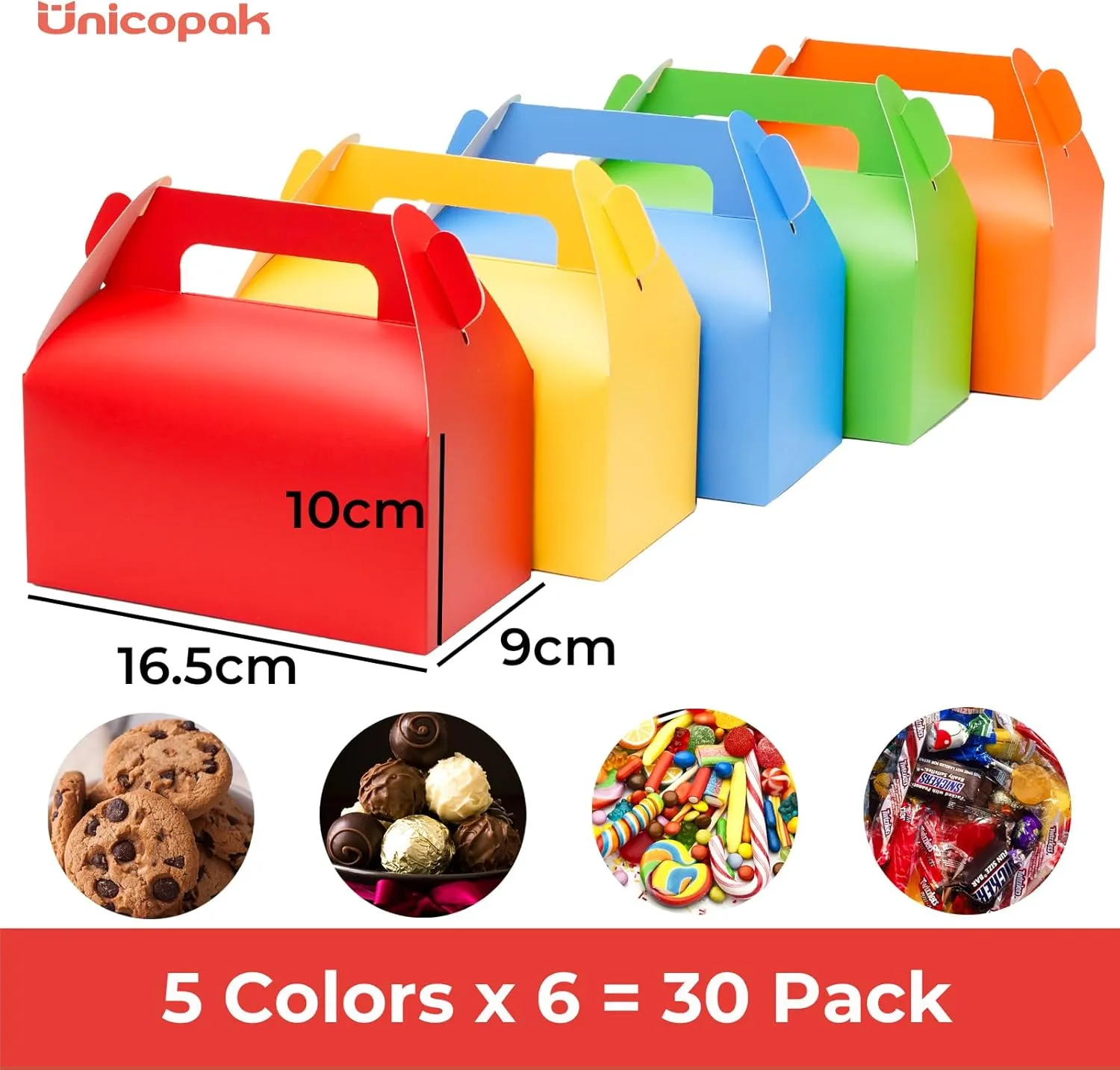 UnicoPak 30 Pack Rainbow Party Favor Boxes Gable Treat Boxes Colorful Goodie Boxes for Candy Goody Cookie Happy Meal, 6.5x3.5x4 Inches