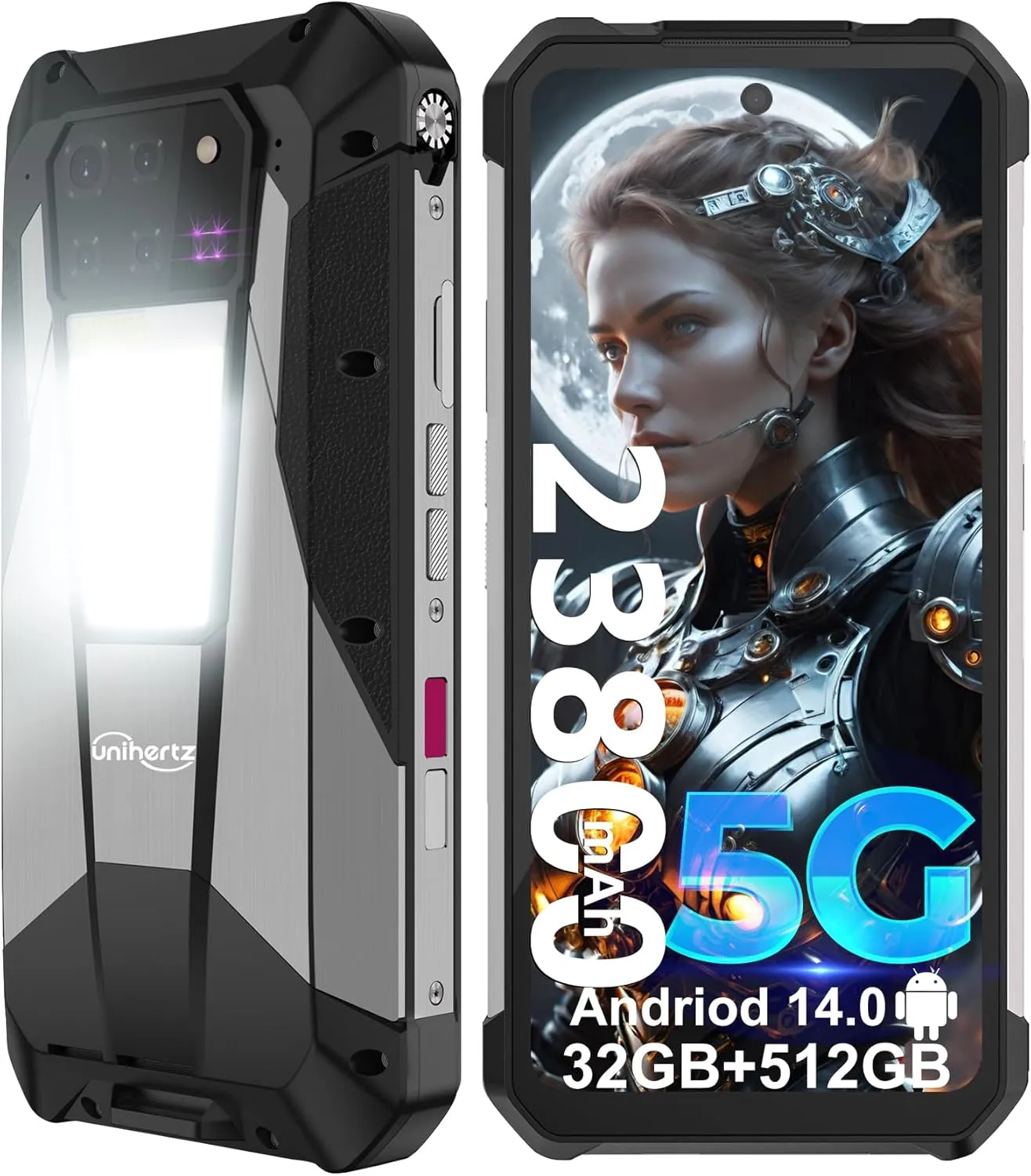 Unihertz Tank 3 Pro Rugged Smartphone, Android 14 5G Cell Phone with Projector, 32GB RAM 512GB ROM, 6.79" Waterproof Outdoor Mobile Phones Unlocked, 23800mAh/OTG/GPS(Support T-Mobile&Verizon Only)