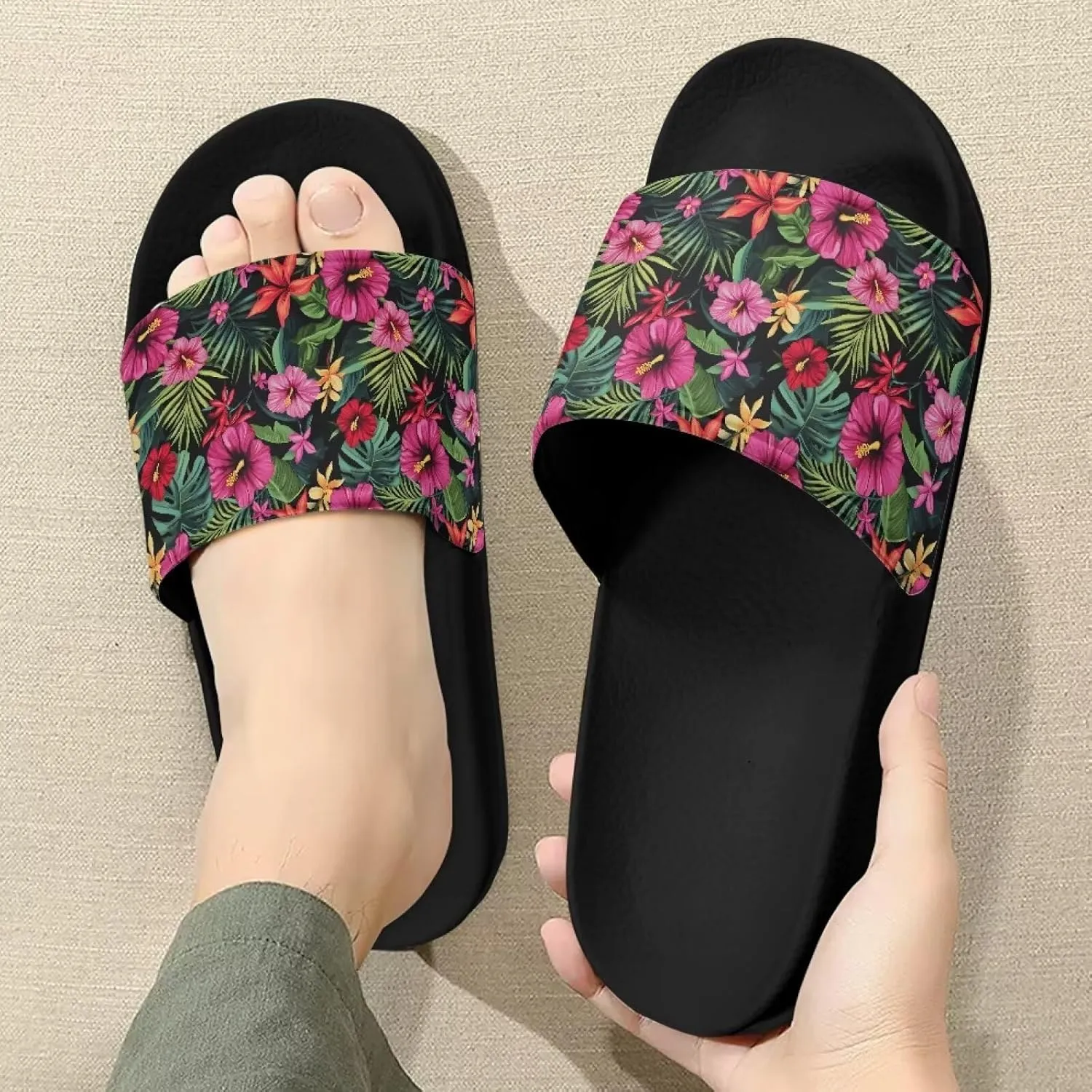 Unisex Slide Sandals with Soft Footbed Comfort Slides for Women and Men, Slide Sandals Leather Size 6-13.5