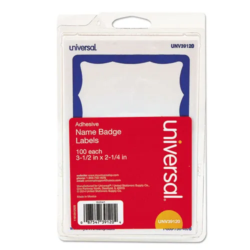 Universal® Border-Style Self-Adhesive Name Badges, 3 1/2 X 2 1/4, White/blue, 100/pack