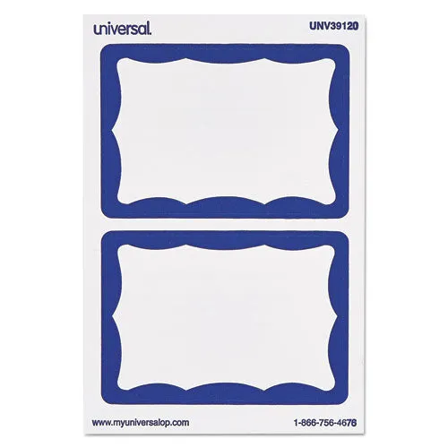Universal® Border-Style Self-Adhesive Name Badges, 3 1/2 X 2 1/4, White/blue, 100/pack
