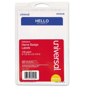 Universal® Hello Self-Adhesive Name Badges, 3.5 x 2.25, White/Blue, 100/Pack