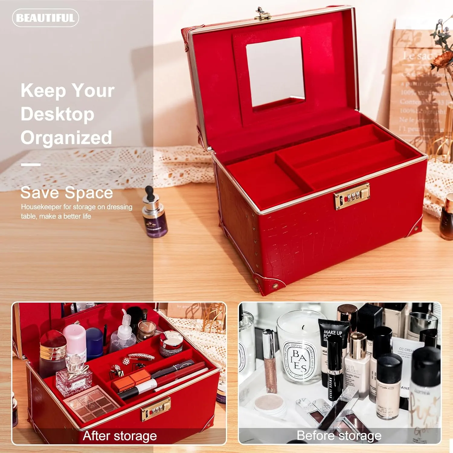 urecity Portable Retro Leather Makeup Train Case Cosmetic Organizer Case Leather Storage Box with Combination Lock (12.5", Red Crocodile)