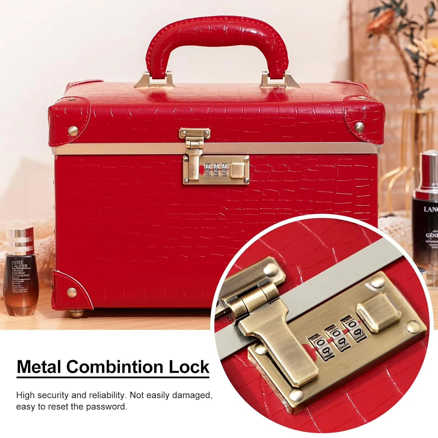 urecity Portable Retro Leather Makeup Train Case Cosmetic Organizer Case Leather Storage Box with Combination Lock (12.5", Red Crocodile)