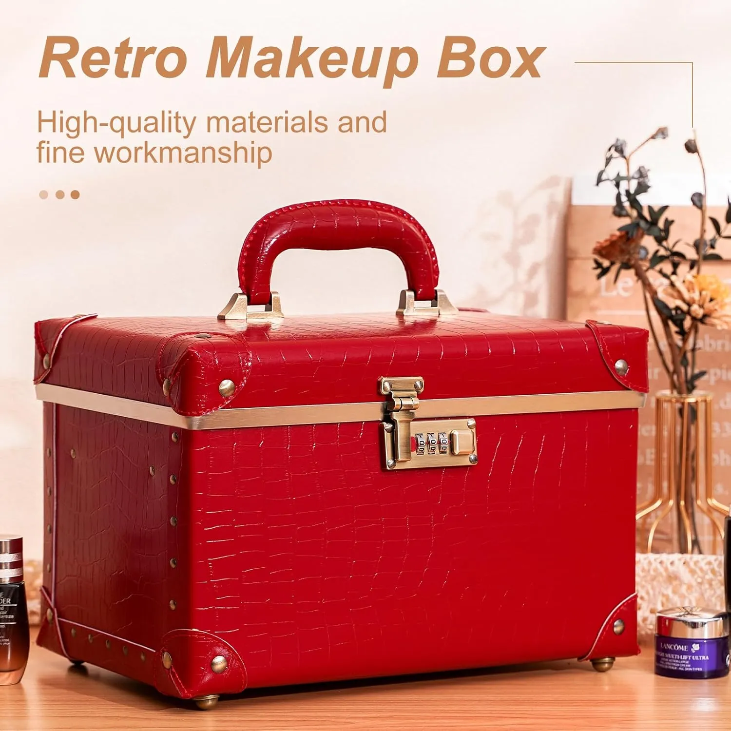 urecity Portable Retro Leather Makeup Train Case Cosmetic Organizer Case Leather Storage Box with Combination Lock (12.5", Red Crocodile)