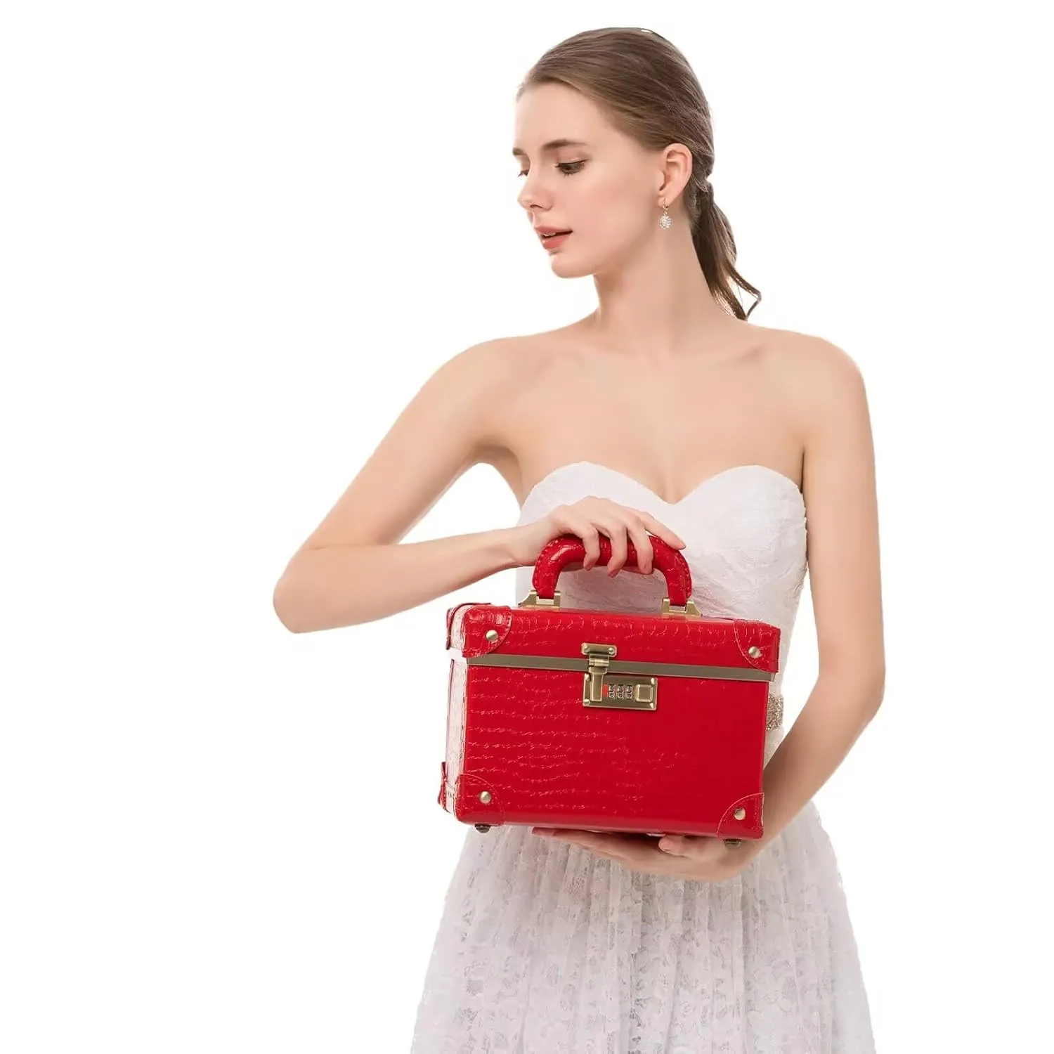 urecity Portable Retro Leather Makeup Train Case Cosmetic Organizer Case Leather Storage Box with Combination Lock (12.5", Red Crocodile)