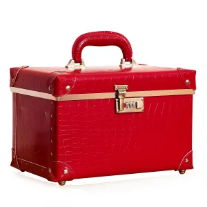 urecity Portable Retro Leather Makeup Train Case Cosmetic Organizer Case Leather Storage Box with Combination Lock (12.5", Red Crocodile)
