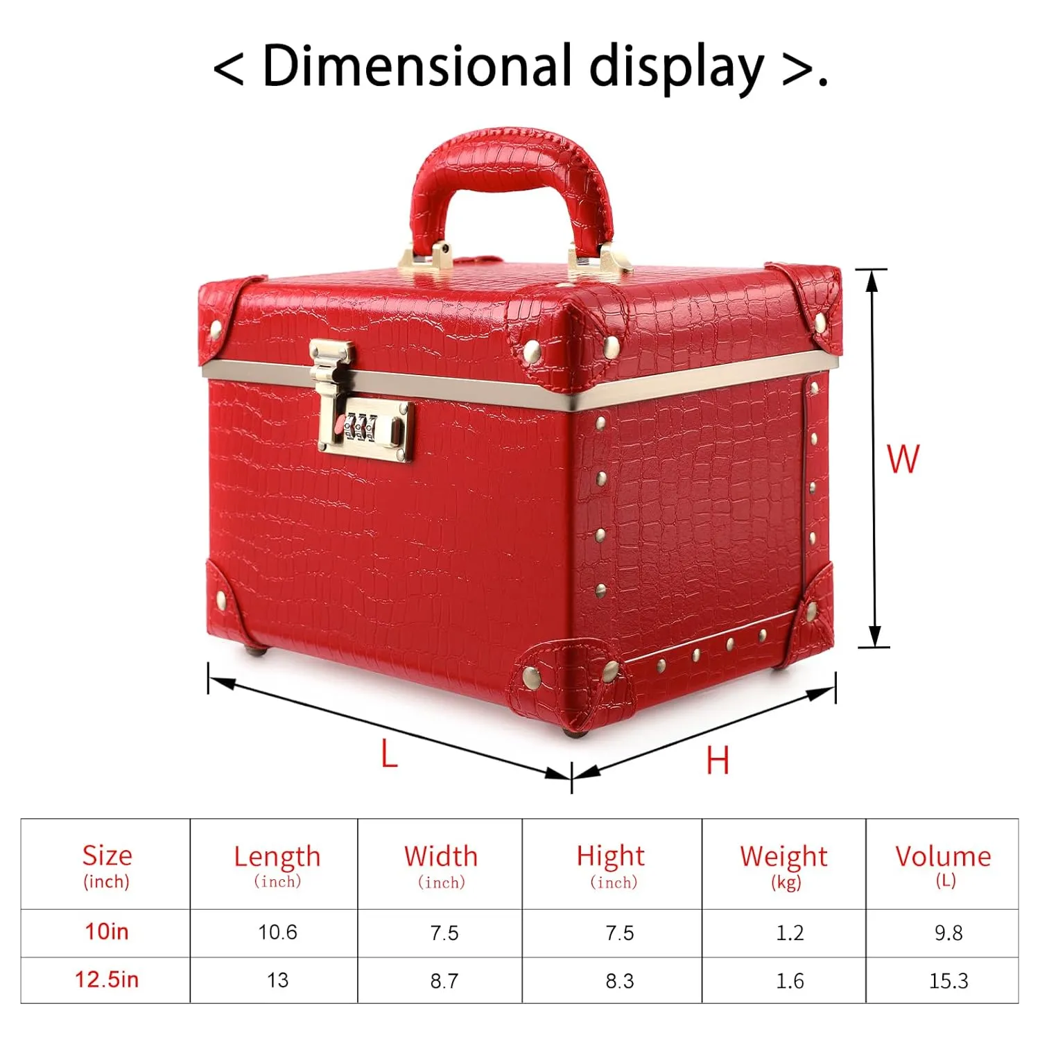 urecity Portable Retro Leather Makeup Train Case Cosmetic Organizer Case Leather Storage Box with Combination Lock (12.5", Red Crocodile)