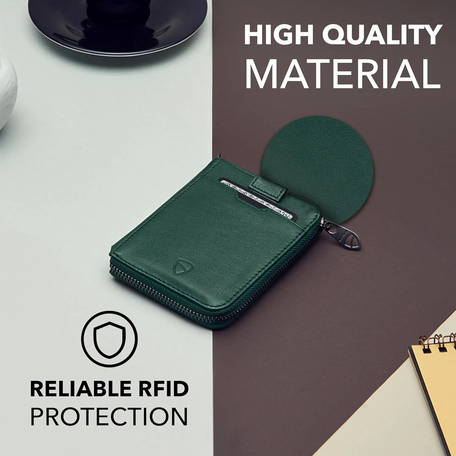 Vaultskin NOTTING HILL Minimalist Leather Zipper Wallet for Women and Men: Slim Multi Cardholder with RFID Blocking and Keychain Ring