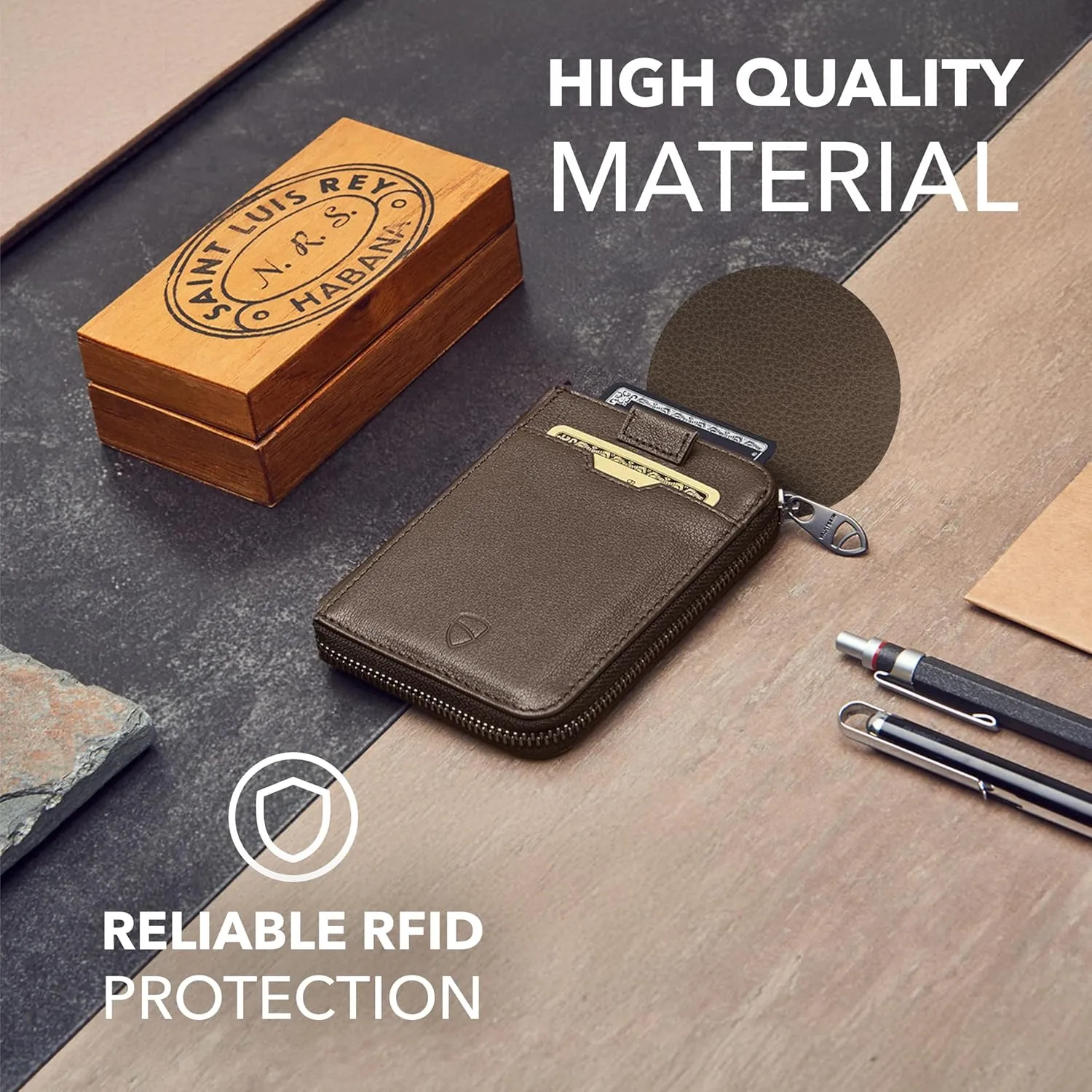 Vaultskin NOTTING HILL Minimalist Leather Zipper Wallet for Women and Men: Slim Multi Cardholder with RFID Blocking and Keychain Ring