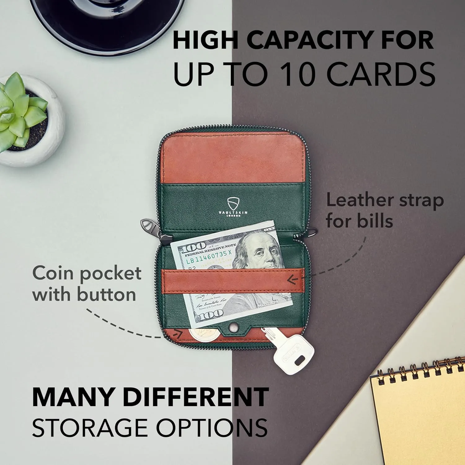 Vaultskin NOTTING HILL Minimalist Leather Zipper Wallet for Women and Men: Slim Multi Cardholder with RFID Blocking and Keychain Ring