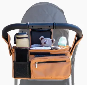 Vegan Leather Stroller Caddy with Cup Holder - Universal Stroller Organizer with Cup Holder & Non-Slip Hooks, Shoulder Strap, Stroller Cup Holder fits UppaBaby, Mockingbird, Nuna, BOB and more