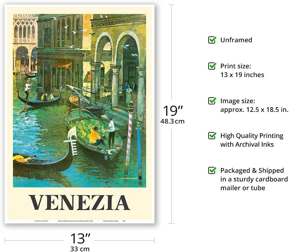 Venice (Venezia) Italy - Venetian Canals - Vintage Travel Poster by Louis Macouillard c.1950s - Master Art Print (Unframed) 13in x 19in