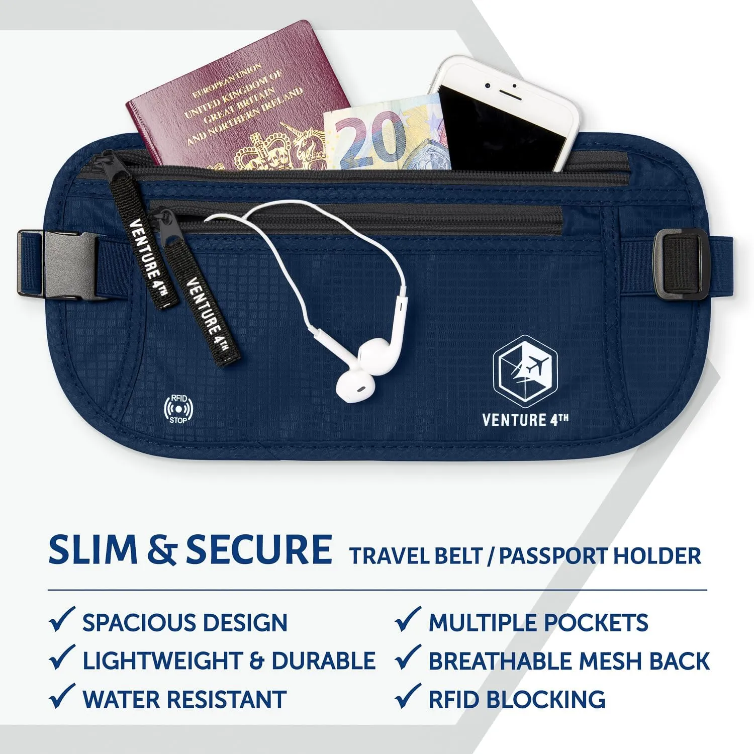 VENTURE 4TH Travel Money Belt - Slim Passport Holder RFID Blocking Travel Pouch to Protect Cash, Credit Cards and Travel Documents (Navy Blue)