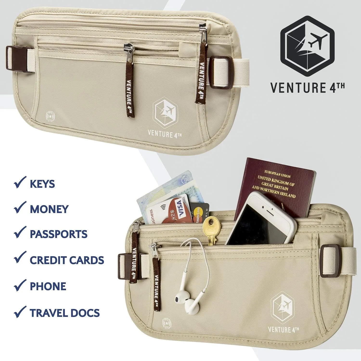 Venture 4th Undercover Money Belts For Travel (Beige)