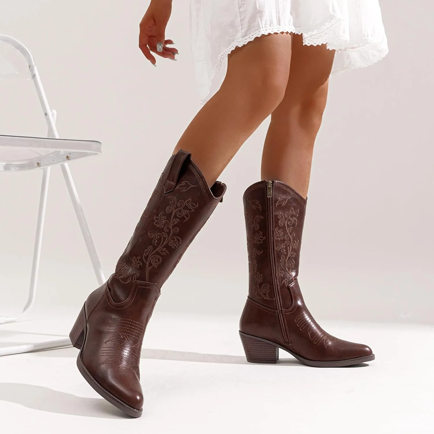 Vepose Women's 9803 Embroided Cowboy Boots,Western Pull on Point Toe Mid-Calf Cowgirl Boots with Inside Zipper