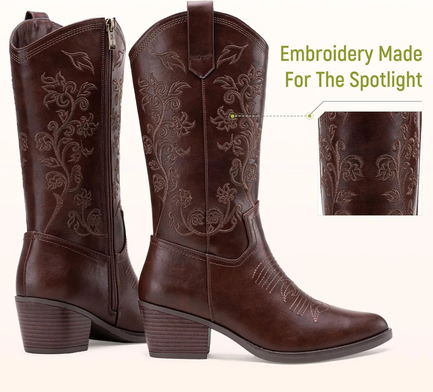 Vepose Women's 9803 Embroided Cowboy Boots,Western Pull on Point Toe Mid-Calf Cowgirl Boots with Inside Zipper
