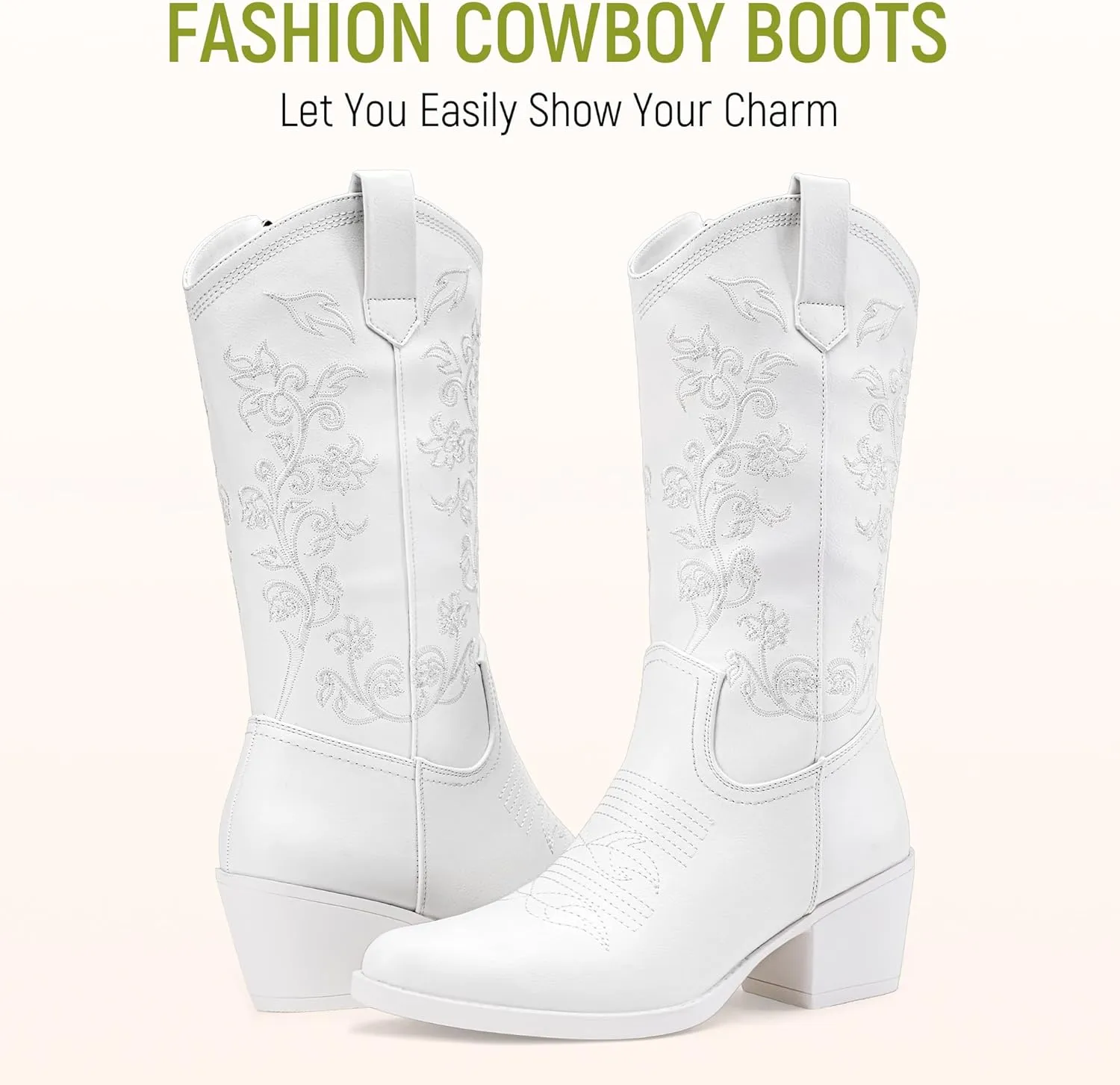 Vepose Women's 9803 Embroided Cowboy Boots,Western Pull on Point Toe Mid-Calf Cowgirl Boots with Inside Zipper