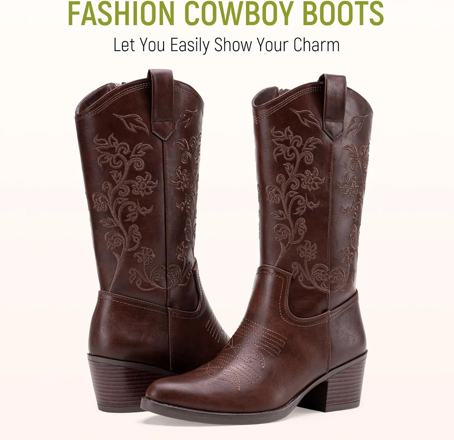 Vepose Women's 9803 Embroided Cowboy Boots,Western Pull on Point Toe Mid-Calf Cowgirl Boots with Inside Zipper