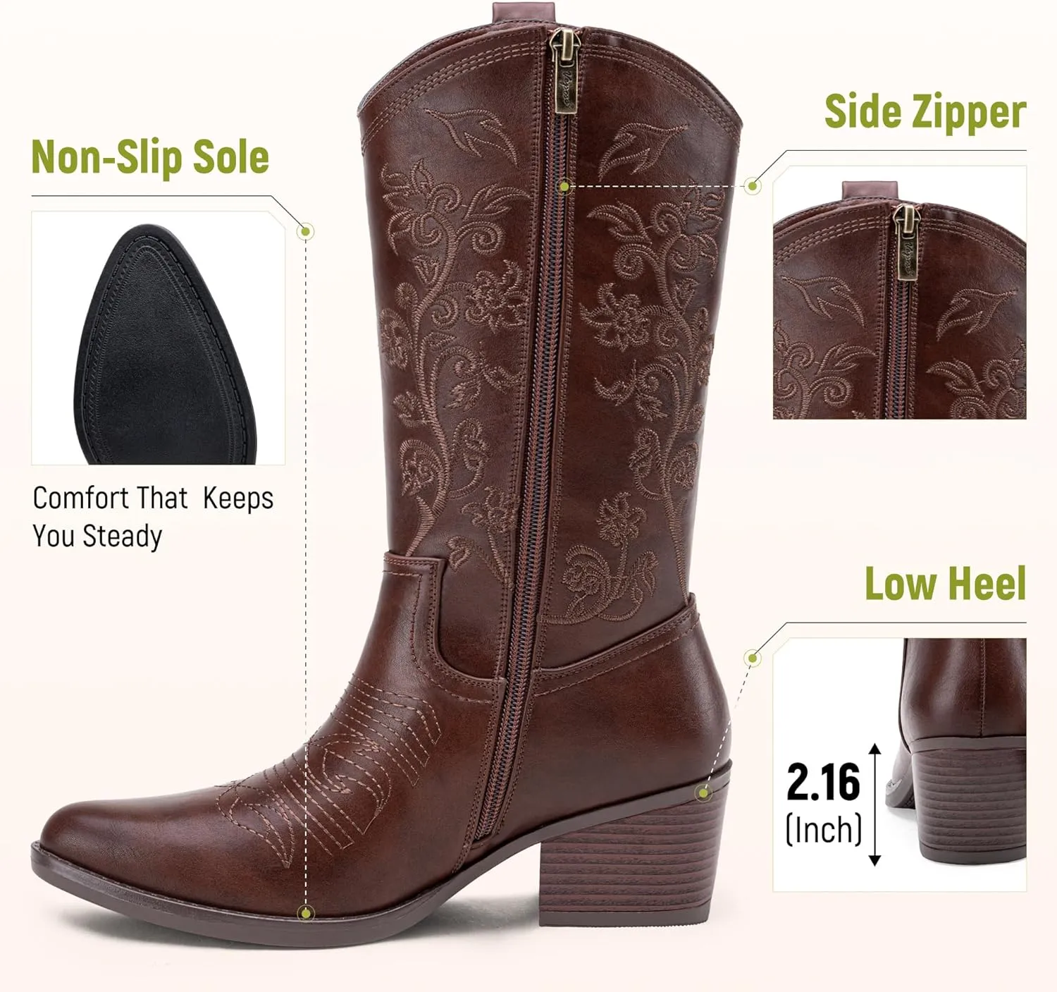 Vepose Women's 9803 Embroided Cowboy Boots,Western Pull on Point Toe Mid-Calf Cowgirl Boots with Inside Zipper