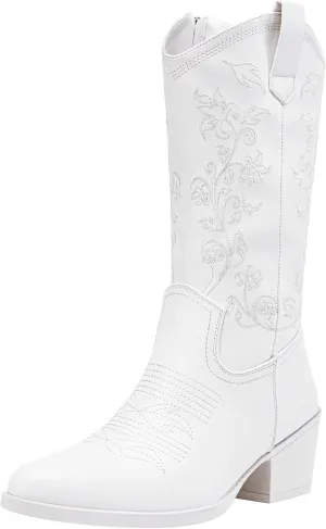 Vepose Women's 9803 Embroided Cowboy Boots,Western Pull on Point Toe Mid-Calf Cowgirl Boots with Inside Zipper
