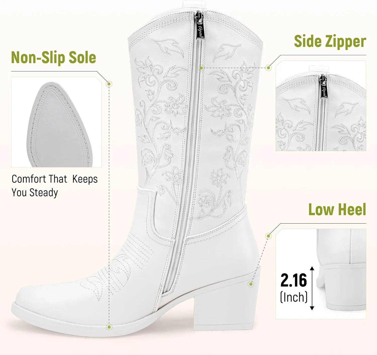 Vepose Women's 9803 Embroided Cowboy Boots,Western Pull on Point Toe Mid-Calf Cowgirl Boots with Inside Zipper