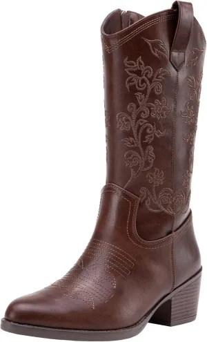 Vepose Women's 9803 Embroided Cowboy Boots,Western Pull on Point Toe Mid-Calf Cowgirl Boots with Inside Zipper