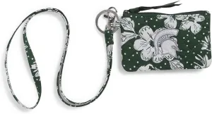 Vera Bradley Women's Cotton Collegiate Zip ID Case and Lanyard Combo (Multiple Teams Available), Michigan State University Dark Green/White Rain Garden - Recycled Cotton, One Size