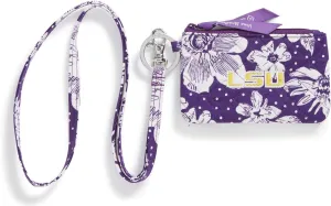 Vera Bradley Women's Cotton Collegiate Zip ID Case and Lanyard Combo (Multiple Teams Available), Purple/White Rain Garden With Louisiana State University - Recycled Cotton, One Size