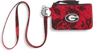 Vera Bradley Women's Cotton Collegiate Zip ID Case and Lanyard Combo (Multiple Teams Available), University of Georgia Red/Black Rain Garden - Recycled Cotton, One Size