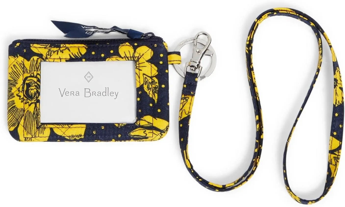 Vera Bradley Women's Cotton Collegiate Zip ID Case and Lanyard Combo (Multiple Teams Available), West Virginia University Navy/Gold Rain Garden - Recycled Cotton, One Size