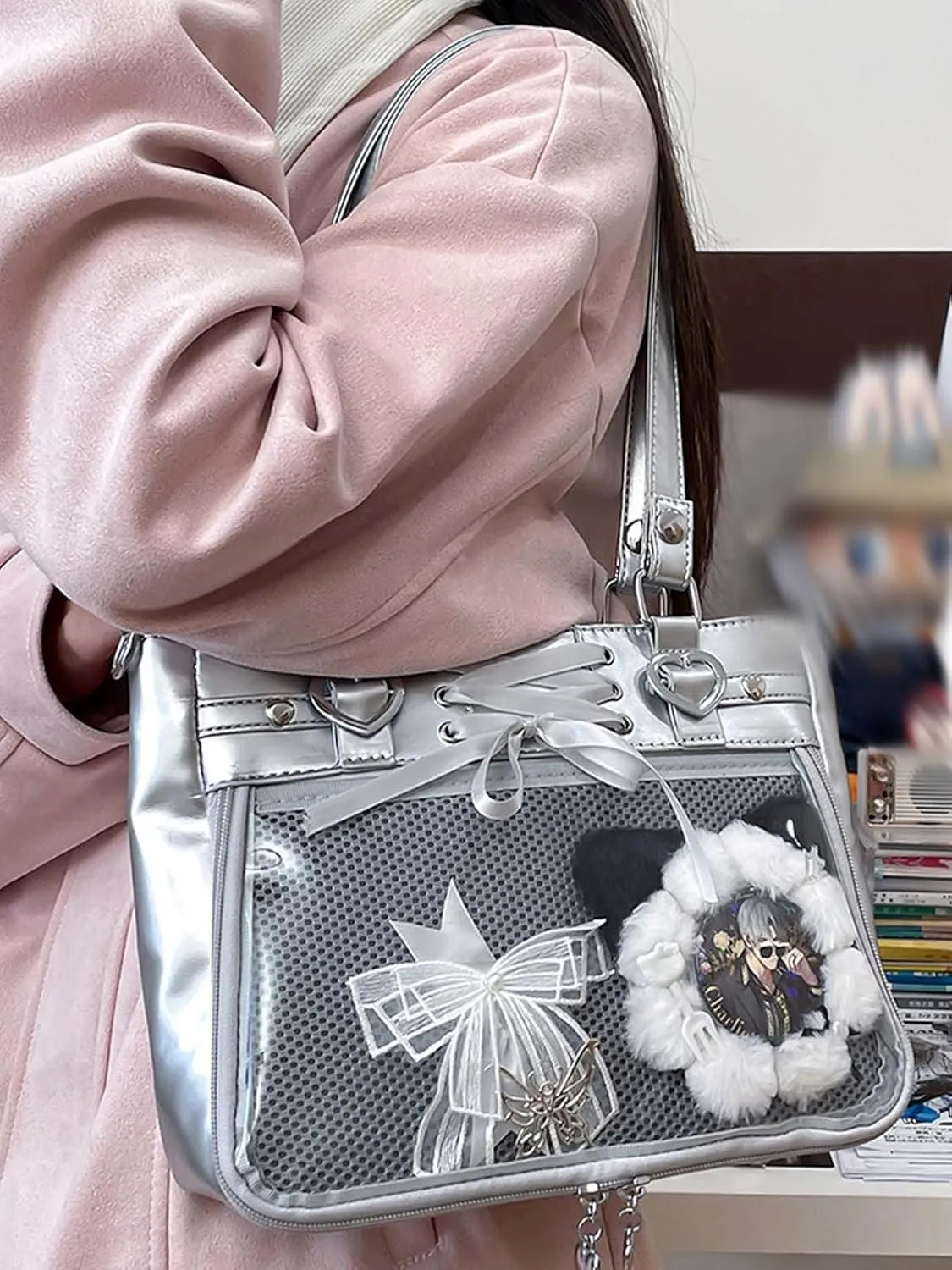 Versatile Large Capacity Women's Shoulder Bag Anime Silk Ribbon Pin Display Bag