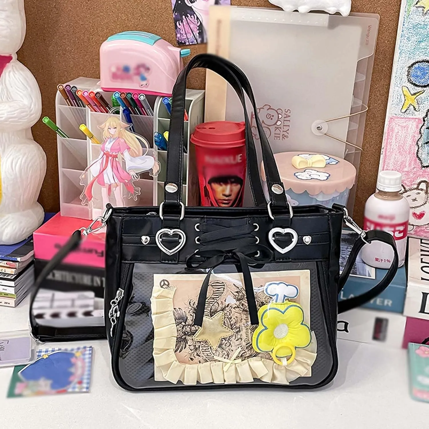 Versatile Large Capacity Women's Shoulder Bag Anime Silk Ribbon Pin Display Bag