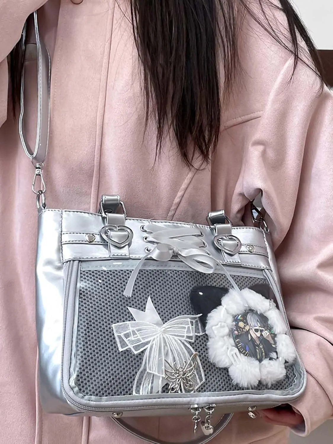 Versatile Large Capacity Women's Shoulder Bag Anime Silk Ribbon Pin Display Bag