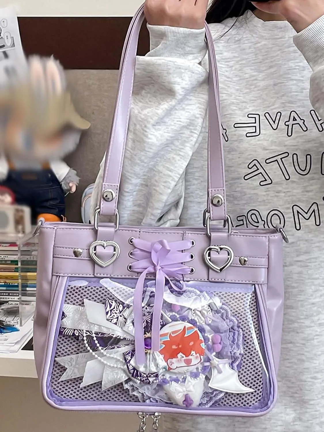 Versatile Large Capacity Women's Shoulder Bag Anime Silk Ribbon Pin Display Bag