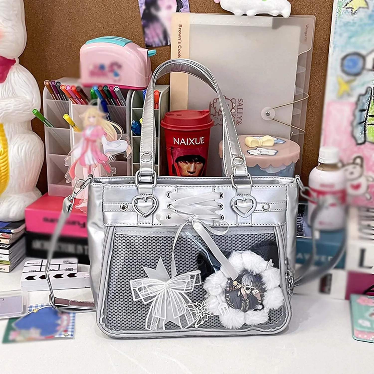 Versatile Large Capacity Women's Shoulder Bag Anime Silk Ribbon Pin Display Bag