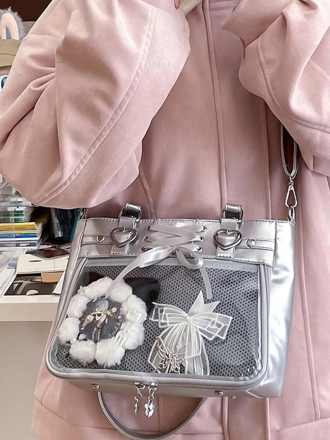 Versatile Large Capacity Women's Shoulder Bag Anime Silk Ribbon Pin Display Bag