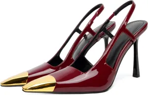 Vertundy Slingback Heels for Women Metal Pointed Toe Stiletto High Heel Pumps Slip On Shoes Geometric Heel