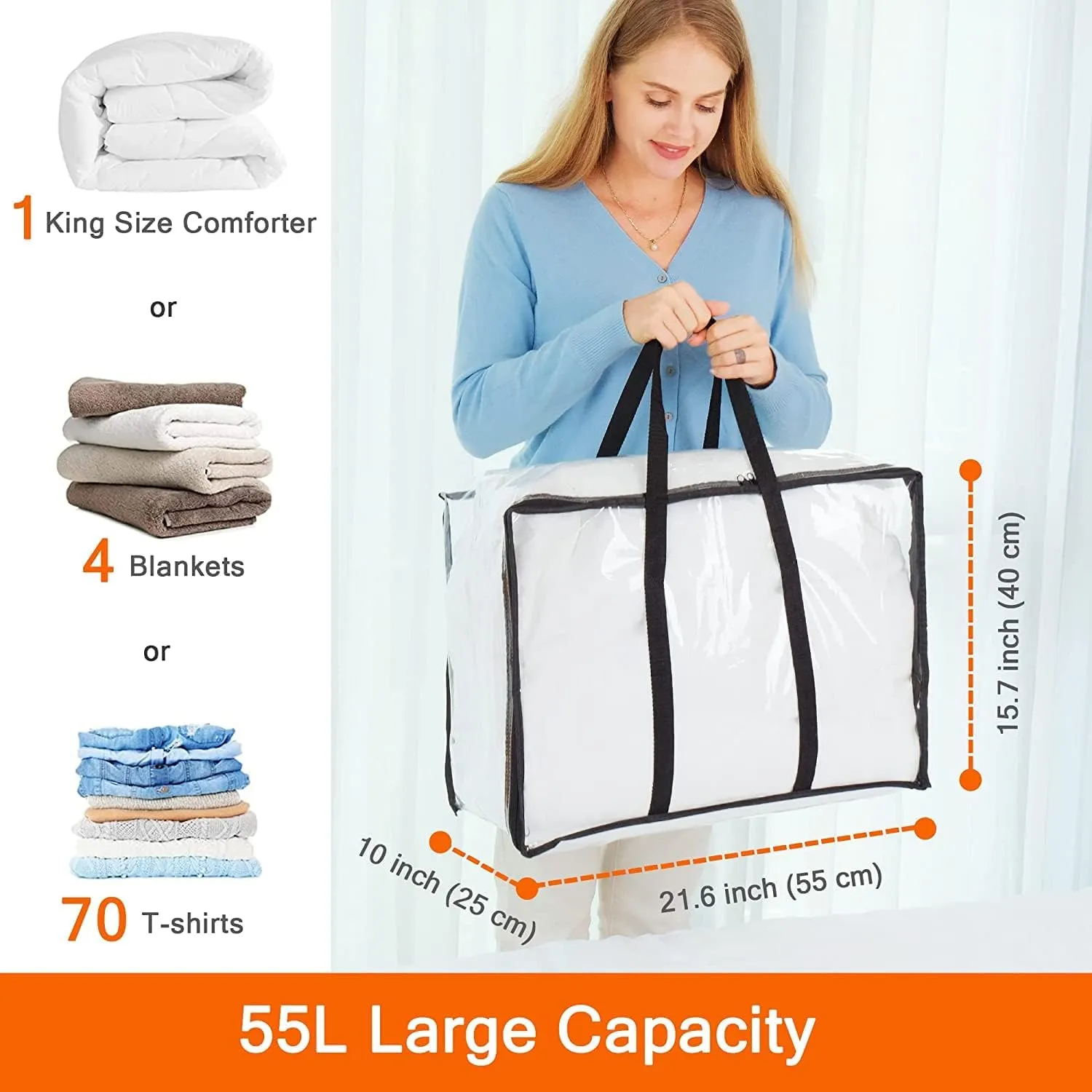 Vieshful 7 Pack Clear Comforter Storage Bag, 40L Clothes Storage Bag with Zipper Closet Organizer, Plastic Storage Containers Moving bags for Comforter, Blanket, Bedding, Duvet, Toys