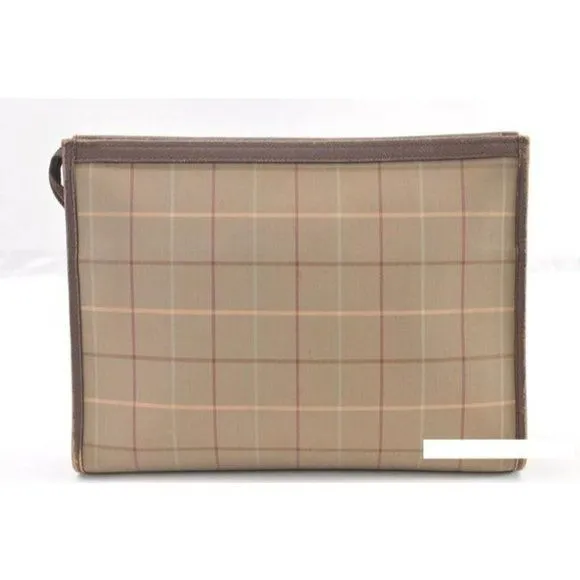 vintage, Burberry's, high end bohemian, greenish-khaki, red, and cream plaid/brown leather, XL clutch
