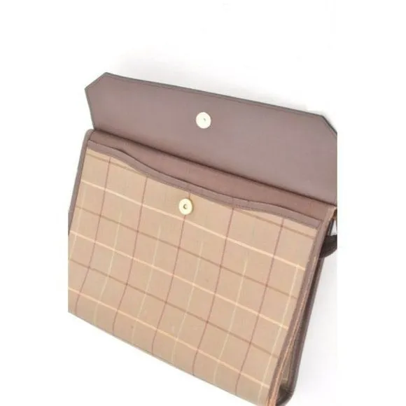 vintage, Burberry's, high end bohemian, greenish-khaki, red, and cream plaid/brown leather, XL clutch