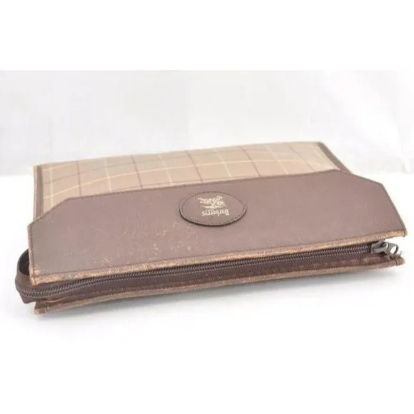 vintage, Burberry's, high end bohemian, greenish-khaki, red, and cream plaid/brown leather, XL clutch